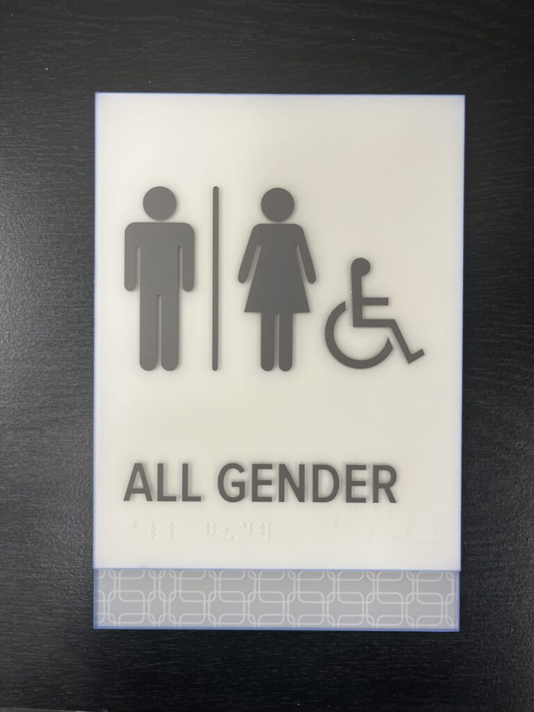 ADA-compliant all-gender restroom sign with tactile text and Braille