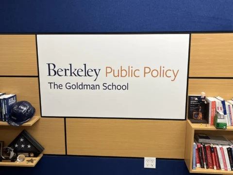 Berkeley Public Policy reception area with branded wall signage