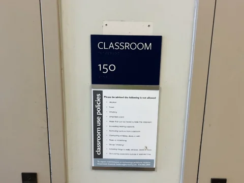 Classroom 150 identification and directory sign