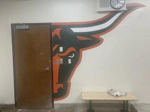 School mascot wall graphic installed beside an exit door