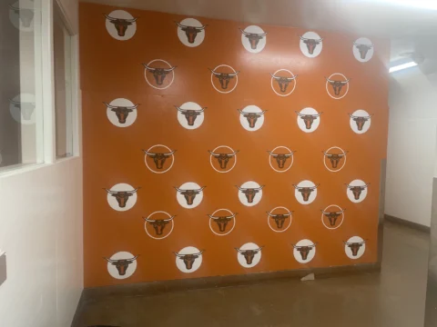 Orange step-and-repeat wall graphic with repeating school mascot logos