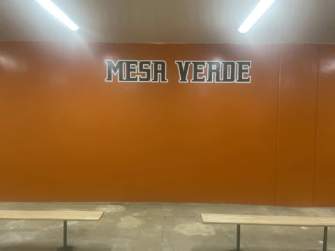 Mesa Verde dimensional letters installed on an orange wall