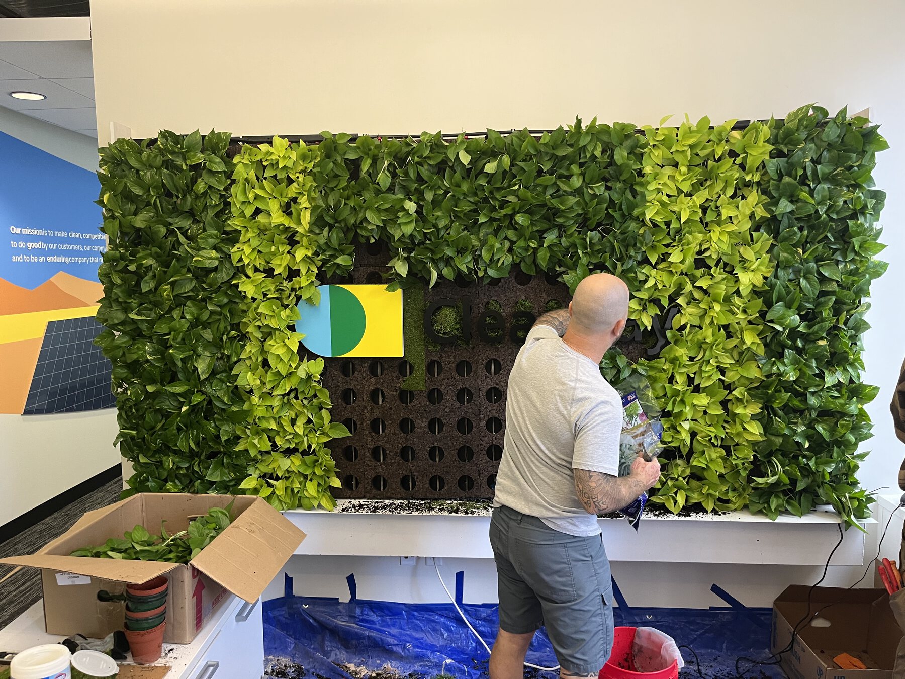 Installer adding greenery around a Clearway living wall logo