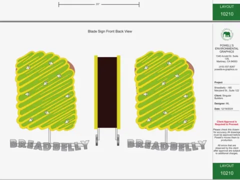 Breadbelly blade sign fabrication layout showing front, side, and mounting views
