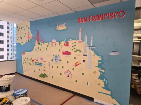 San Francisco map mural with local landmarks and waterfront details