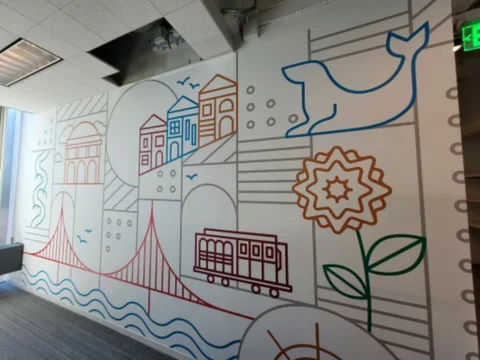 San Francisco line-art mural featuring the Golden Gate Bridge