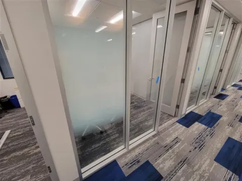 Gradient frosted privacy film installed along a row of glass office doors