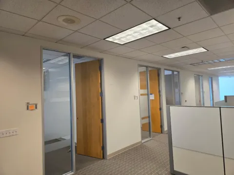 Frosted privacy bands installed on glass office sidelights in a commercial workspace